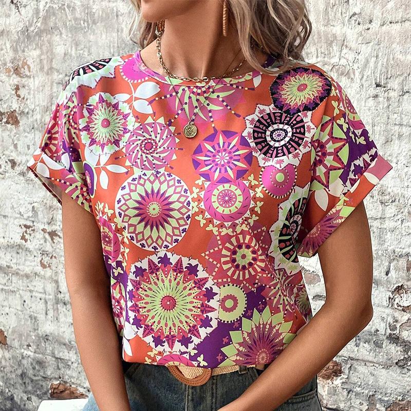 Модная женская футболка с тотемным цветочным принтом, забавная повседневная футболка с круглым вырезом и короткими рукавами, летняя женская футболка