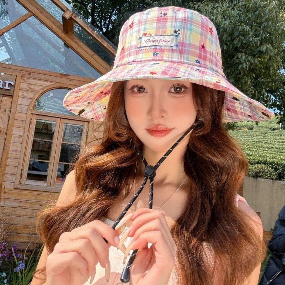 Sun Protection Plaid Fisherman Hat Wide Brim Sunscreen Bucket Hat Portable Women Sun Hat Riding