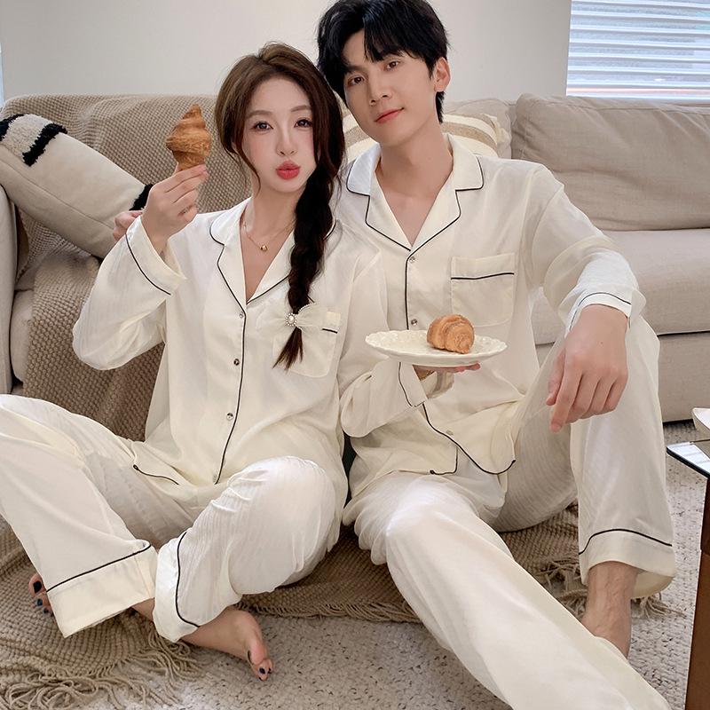 Premium Ice Silk Jacquard Couple Pajama Set - Long Sleeve, Long Pants, Plus Size, Men's & Women's Homewear
