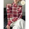 Burgundy Pink and White Plaid Print Cross-neck Bottoming Shirt for Women, Autumn and Winter Standard Size Long Sleeves