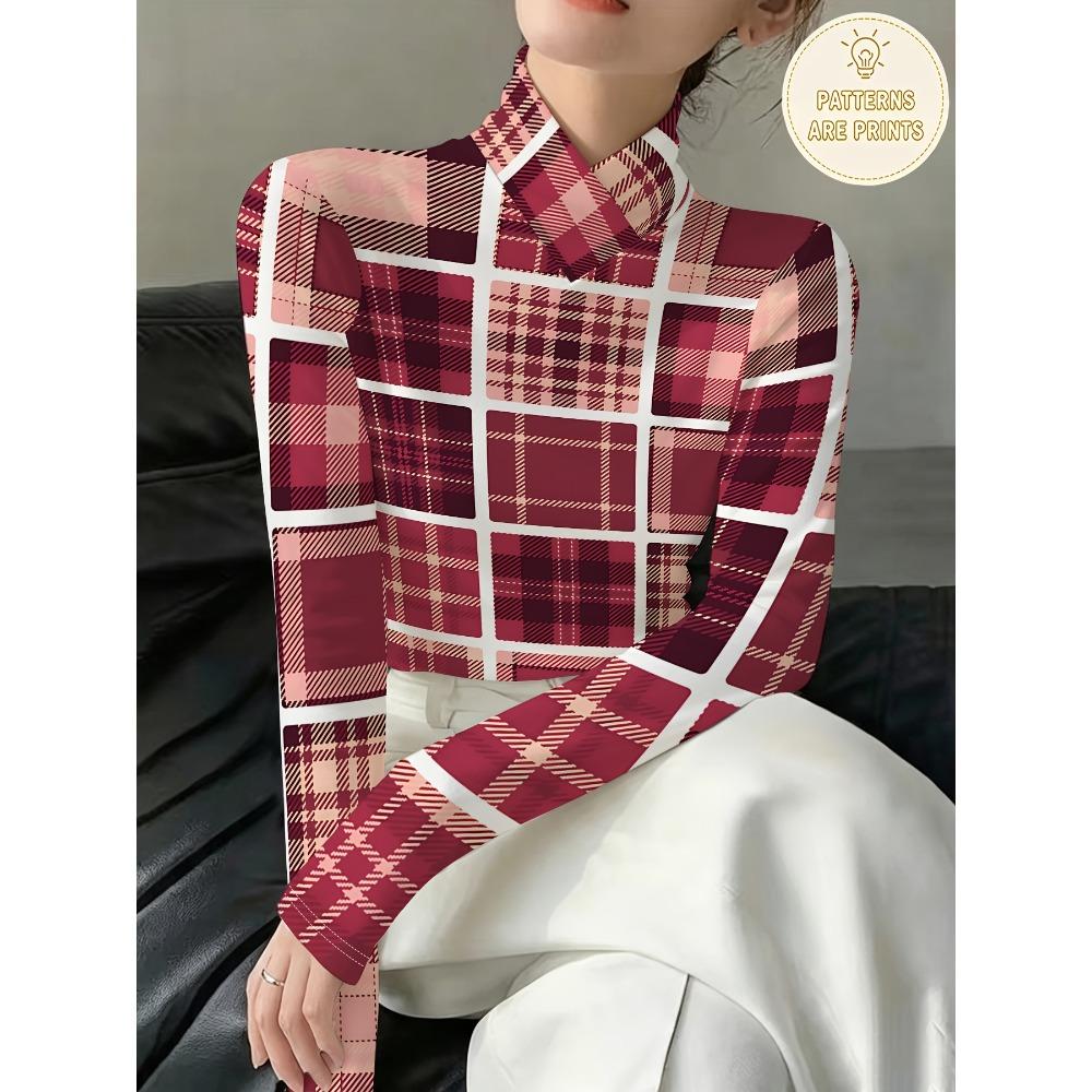 Burgundy pink and white plaid print cross-neck bottoming shirt for women, autumn and winter standard size long sleeves