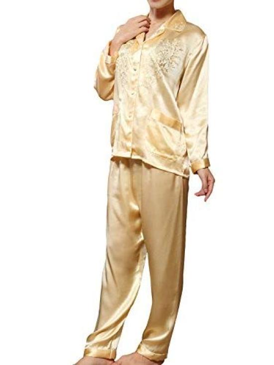 Silk Long Open Floral Yellow [Yumekairou] Women's Pajamas, Sleeves, Front, 100% Silk, Embroidery, M,