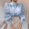 Fashion Vintage Chic Button Loose Crochet Lace Shirts for Women Elegant Hollow Out Puff Sleeve Blouse Women Tops Stand Collar Solid Woman Shirt 26308