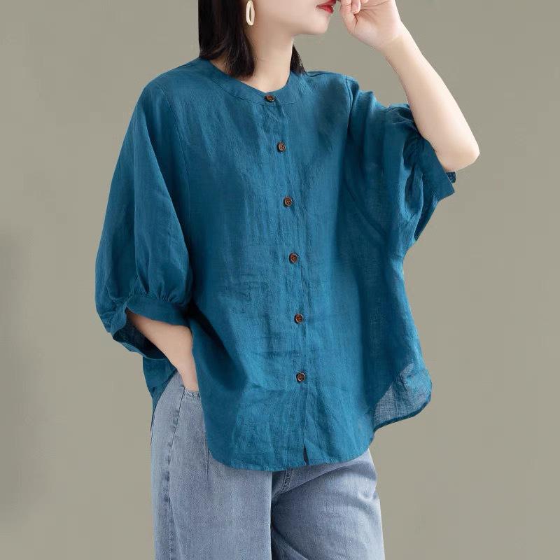 Women's Retro Cotton Linen Lantern Sleeve Blouse: Summer Mid-Sleeve, Loose Fit, Plus Size