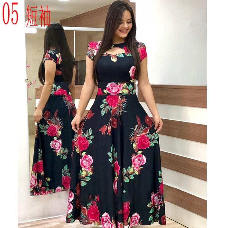 Elegant Spring Autumn Women Dress Casual Bohmia Flower Print Maxi Dresses Hollow Out Dress Plus Size