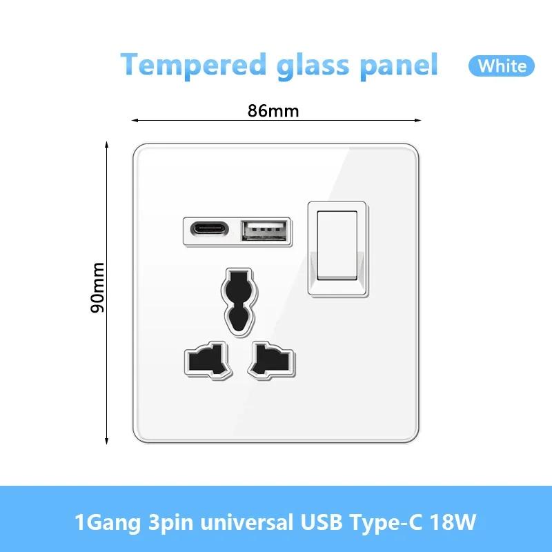 Стандарт Великобритании настенный светодиодный выключатель 2-позиционный розетка питания, 18 Вт быстрая зарядка универсальная двойная 3-контактная вилка USB Type-C стеклянная розетка