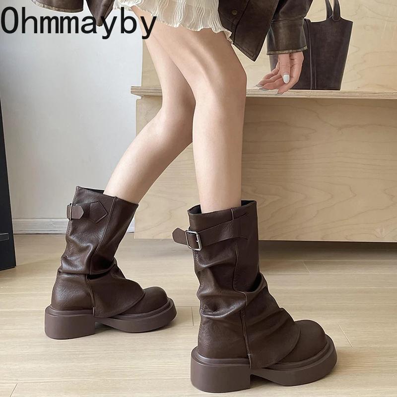 Fashion Vintage Women Western Cowgirl Boots Fashion Belt Buckle Shoes Autumn Winter Thick Heel Ladies Modern Short Booties