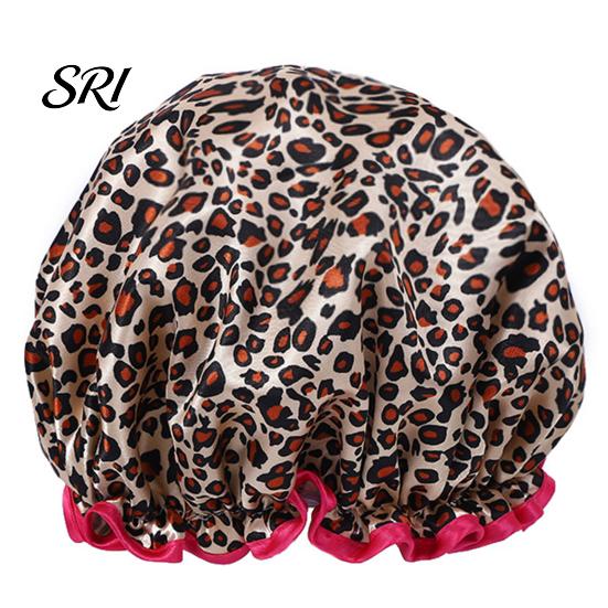 Reusable Shower Cap Leopard Zebra Dot Printing Double Layer Protection Waterproof Hair Hat with Elastic Band Makeup for Long