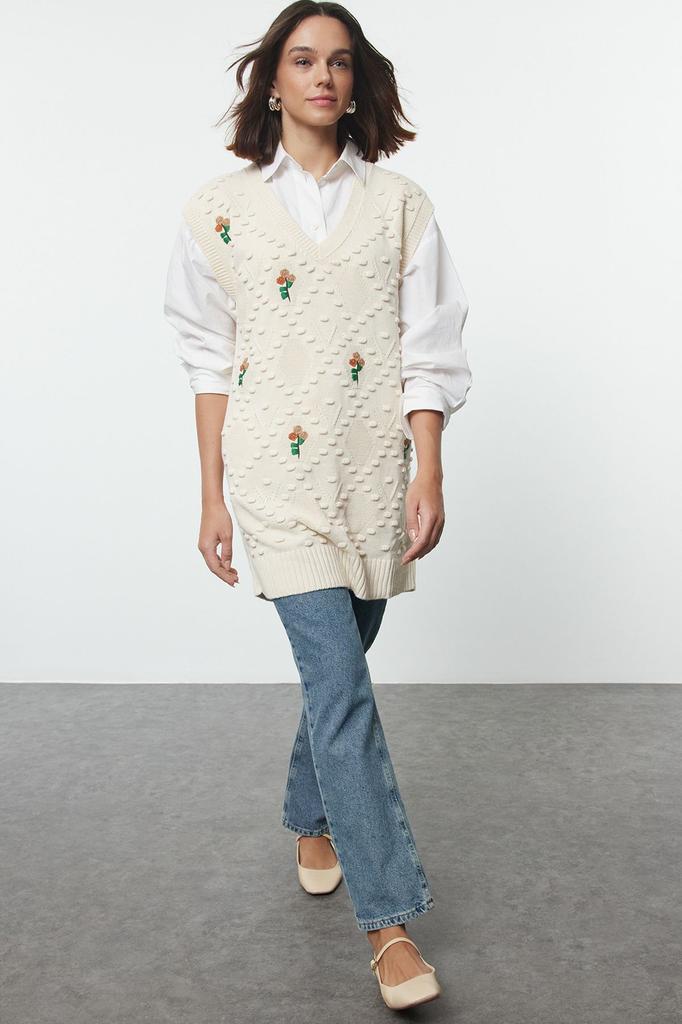 Women's Fashionable Stylish Hijab Sweater Stone Flower Embroidery Knitwear Sweater