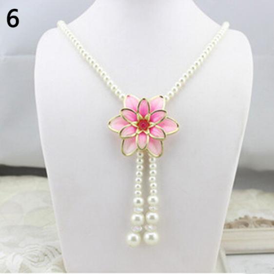 Women's Fashion Jewelry Flower Pendant Faux Pearl Tassels Necklace Sweater Chain ADM
