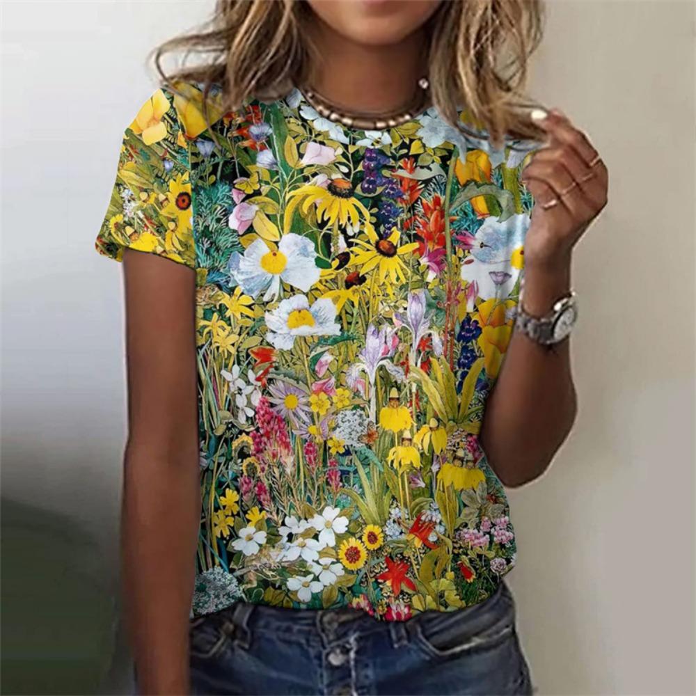 Flower Plants Pattern T-Shirt For Women Colorful Floral 3D Printed Tees Summer Harajuku Street O-Neck Tops Short Sleeve T Shirts