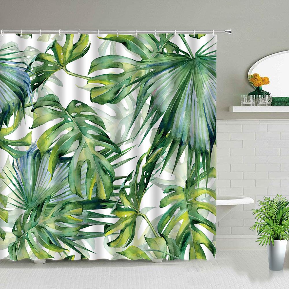 Tropical Palm Leaves Shower Curtain Set Green Plant Leaves Leaf Pumpkin Red Truck Halloween Christmas Decor Bathroom Curtains