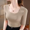 Medium Sleeve T-shirt Women's New Women's Clothing Wide Edge Round Neck Solid Color T-shirt Temperament Five-quarter Sleeve Waist Tight Top