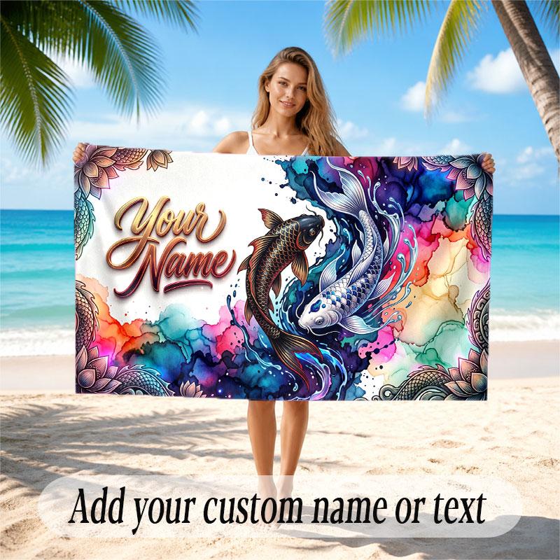 Fish Ocean Theme Beach Towel Personalized Custom Name & Text Soft Quick Dry Beach Towel for Swimming Travel