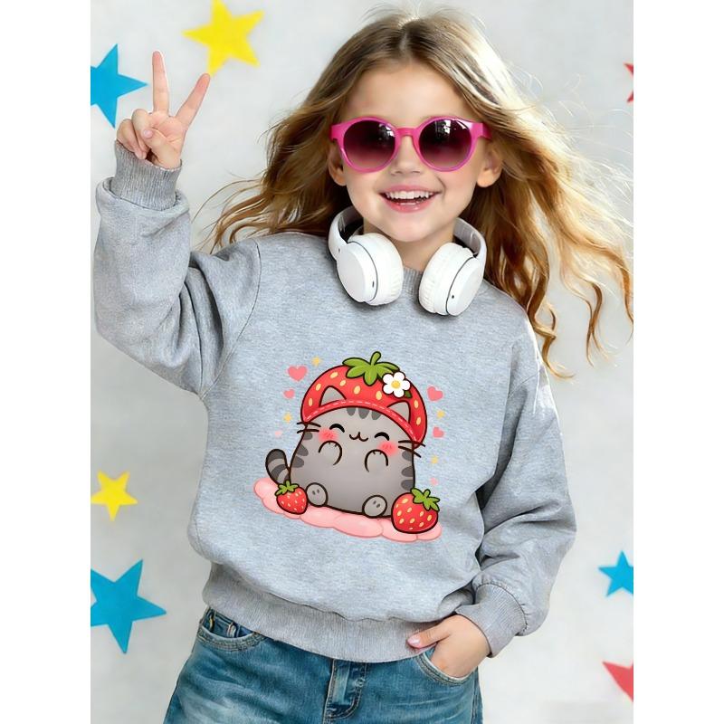 European sizes Cute Cat Print Kids' Spring Crew Neck Sweatshirt, Comfortable Thin Design, Ideal Choice for Outdoor Wear, Ages 0-3