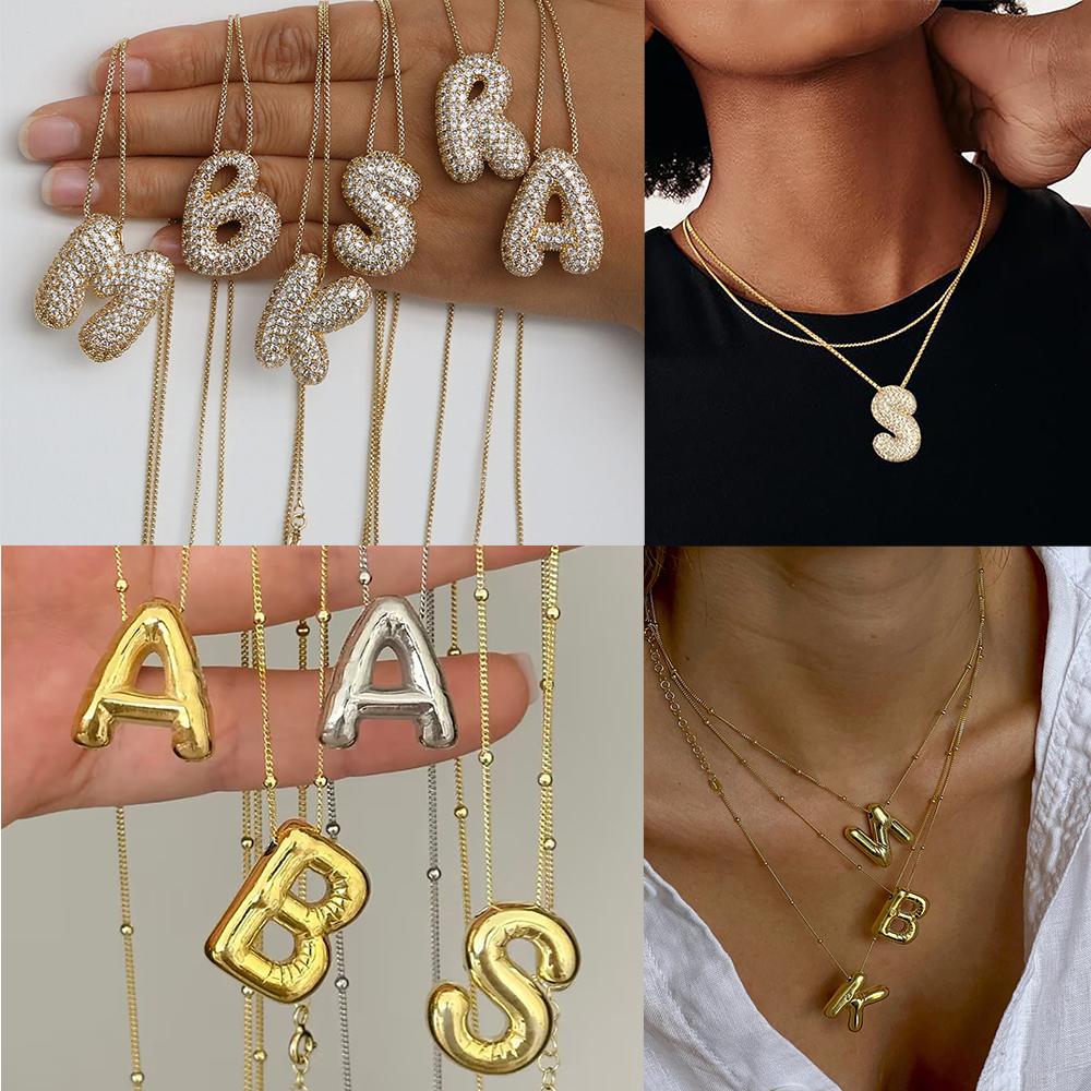 Chunky Balloon Letter Pendant Necklace Gold Plated Stainless Steel Alphabet Bubble Initial Necklace Cubic Zircon Jewelry Gifts