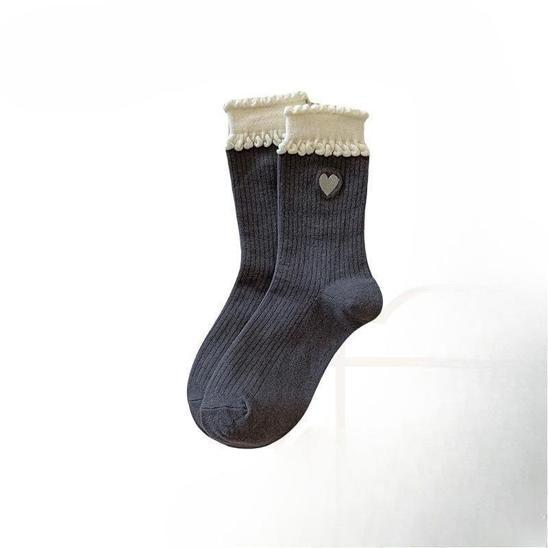 Women's Spring, Autumn and Winter Pure Cotton Mid-calf Socks, Cute Bubble Lace Pile Long Socks