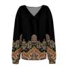 Женская мода ретро принтованный V-образный вырез длинный рукав свободный пуловер свитшот топ