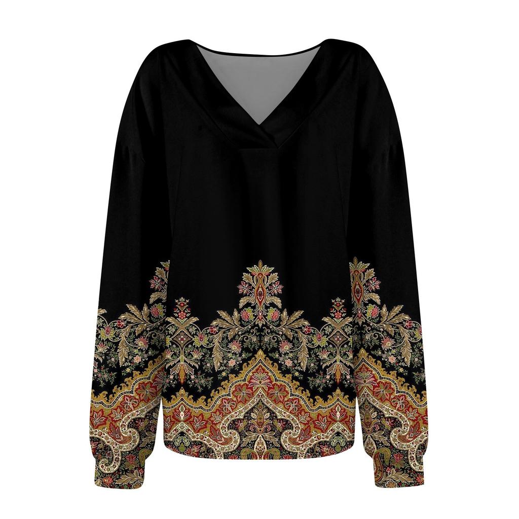 Женская мода ретро принтованный V-образный вырез длинный рукав свободный пуловер свитшот топ
