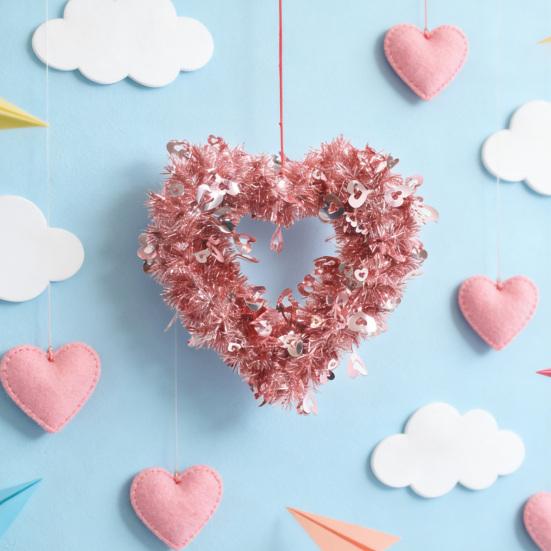 Tinsel Heart Shaped Wreath with Bow for Front Door Valentine's Day Red Pink Heart Wreath