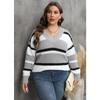 Women's Plus Size Pullover Fall New V Neck Color Patchwork Fashion Sweater