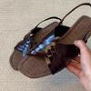 Vintage Braided Cross-strap Flat-bottomed Casual Open-toed Sandals Women's Summer New Rear Strap Square Head Shoes