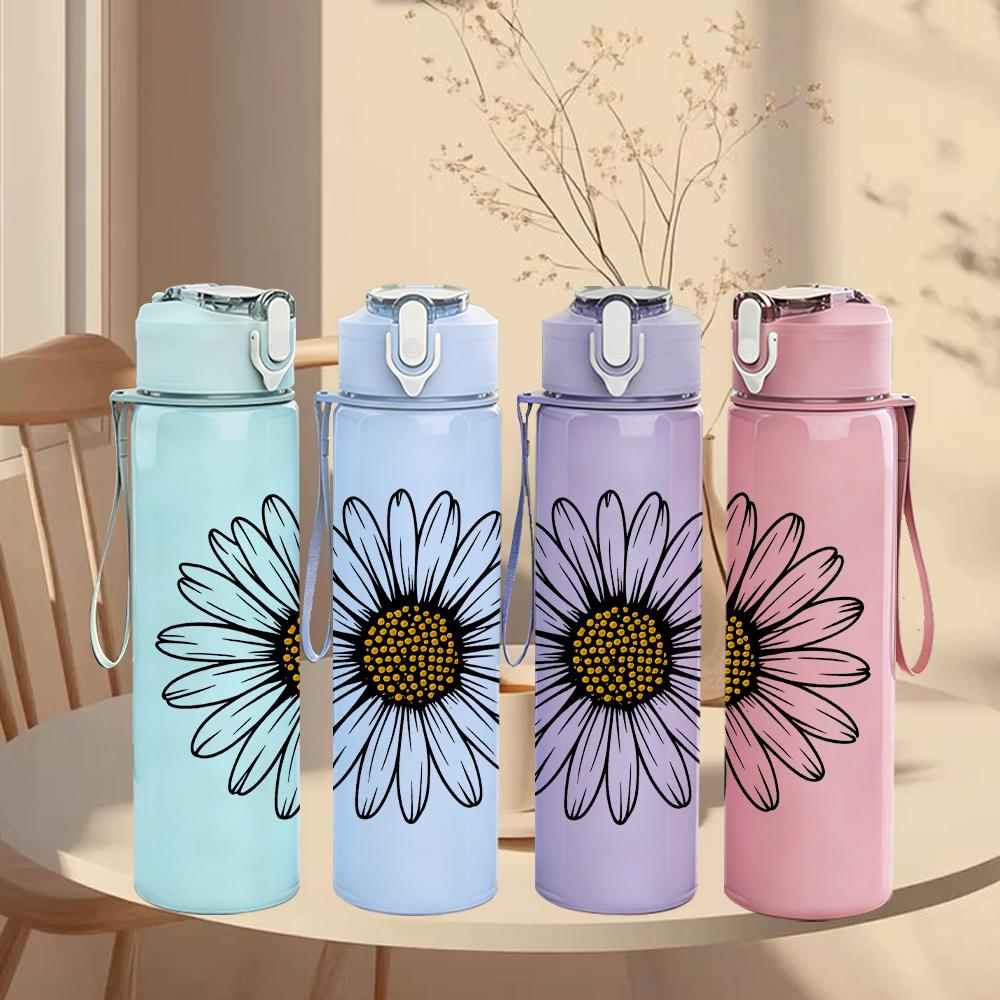 1PC Single White Daisy Flower 750ml Color Plastic Sports Water Bottle Leakproof Flip Straw Lid For Sports Office Home Use