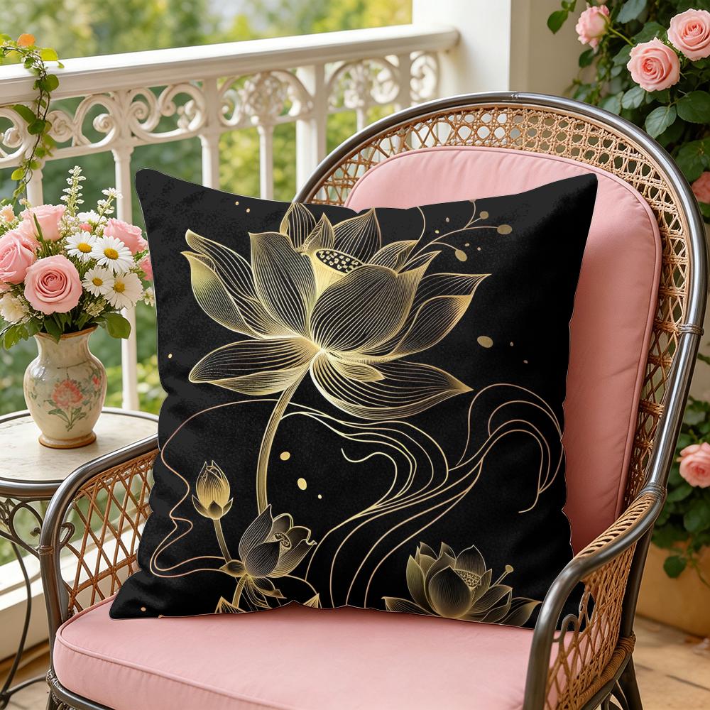 Golden Lotus Cushion Cover Soft Plush Throw Pillow Cover DoubleSided Decorative Cushion Case Sofa Bedroom Home Decor