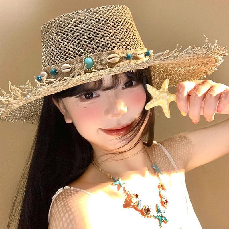 Соленая трава ракушка этническая шляпа летняя пляжная отпуск соломенная шляпа дышащая защита от солнца полая широкополая соломенная шляпа