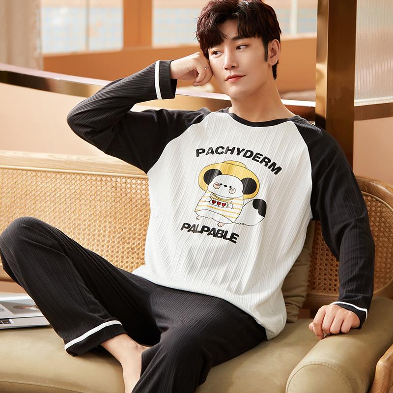 Мультяжная мужская пижама из хлопка, осенний комплект, топы для сна, брюки, круглый вырез, домашний костюм для отдыха, мужская пижама, ночная одежда