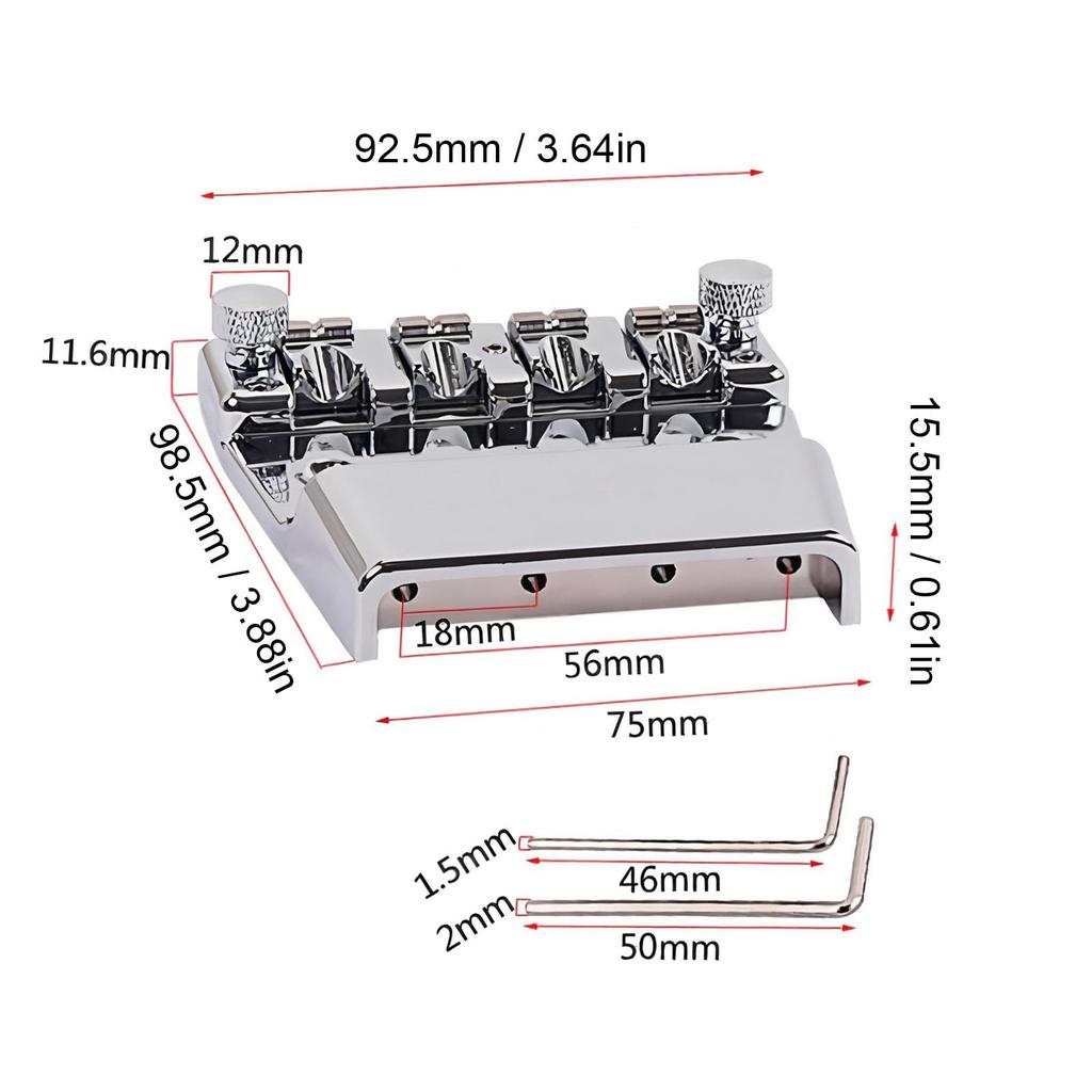 Басовый бридж Luocute для 18-мм сборки седел из цинкового сплава Rickenbacker, 4-струнный, регулируемый, хромированный