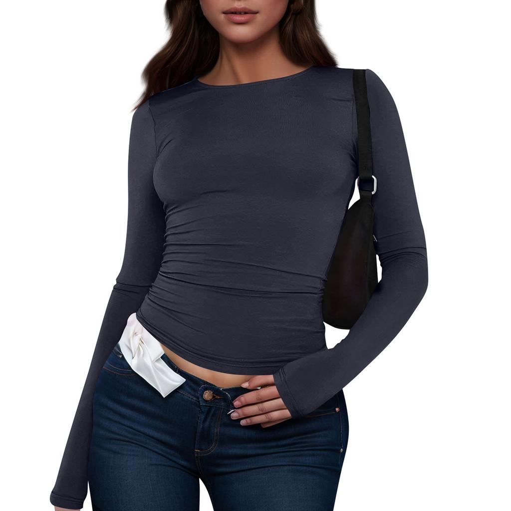 Women's Fashion Solid Colour Round Neck Long Sleeve T-Shirt Top