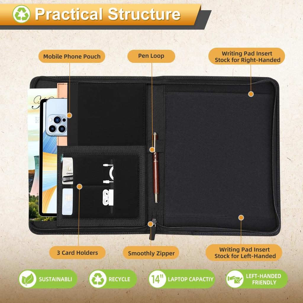 Toplive Clipboard A4 Binder Folder Clip File Repeat Use Note Cover Premium Fabric Equipped with Storage Pocket Includes Pen Holder Zipper Closure