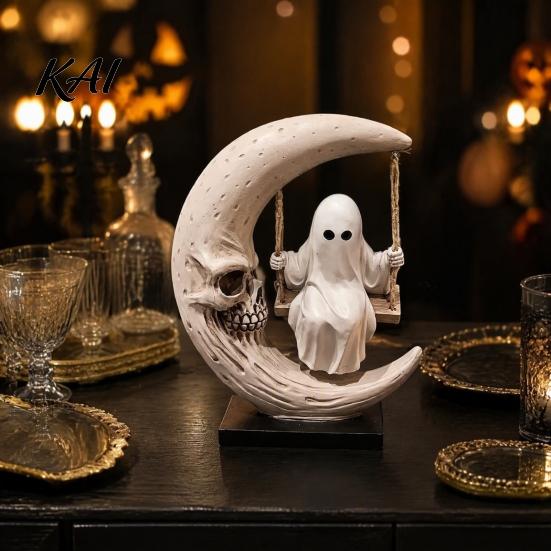 Artistic Ghost Statue Halloween Swing Figurine, Spooky on A Moon Statue, Party Favors Resin Gothic Home Decoration for Desktop, Mantel, Fireplace,