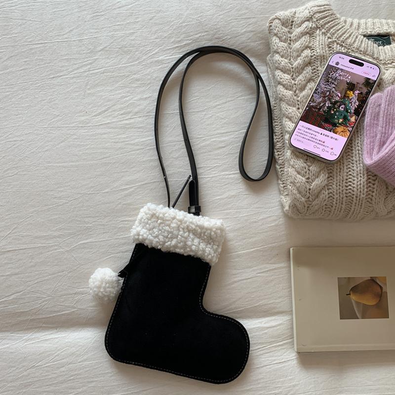 Portable Simple Style Suede Crossbody Bag Fluffy Lightweight Lamb Shoulder Bag Travel Christmas Sock Bag Women CLE