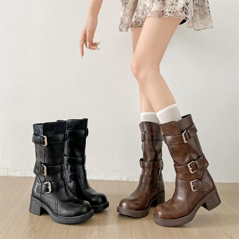 Черные ретро ботинки Мартин на толстом высоком каблуке в британском стиле женские 2025 новые осенние для маленького роста увеличивающие рост и стройнящие короткие ботинки