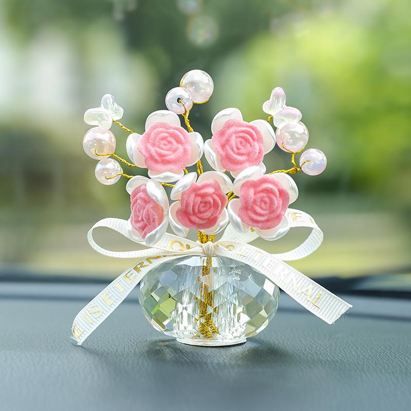 Crystal Rose Flower Car Ornament with Creative Potted Plant Decoration for Car Interior