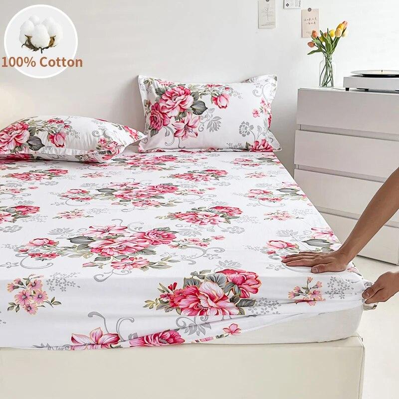 European Style Floral Pattern,100% Cotton,Bed Sheet With Elastic Band160x200,No Pillowcase,Soft Breathable,133x72 Fabric