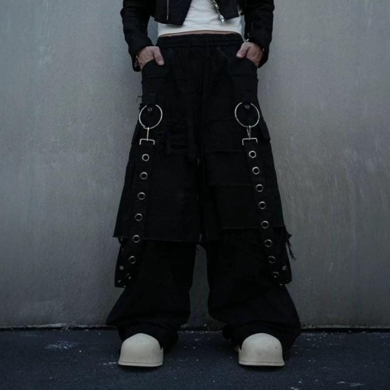 Camouflage Distressed Cargo Jeans Men High Street Wide Leg Trousers Metal Accent