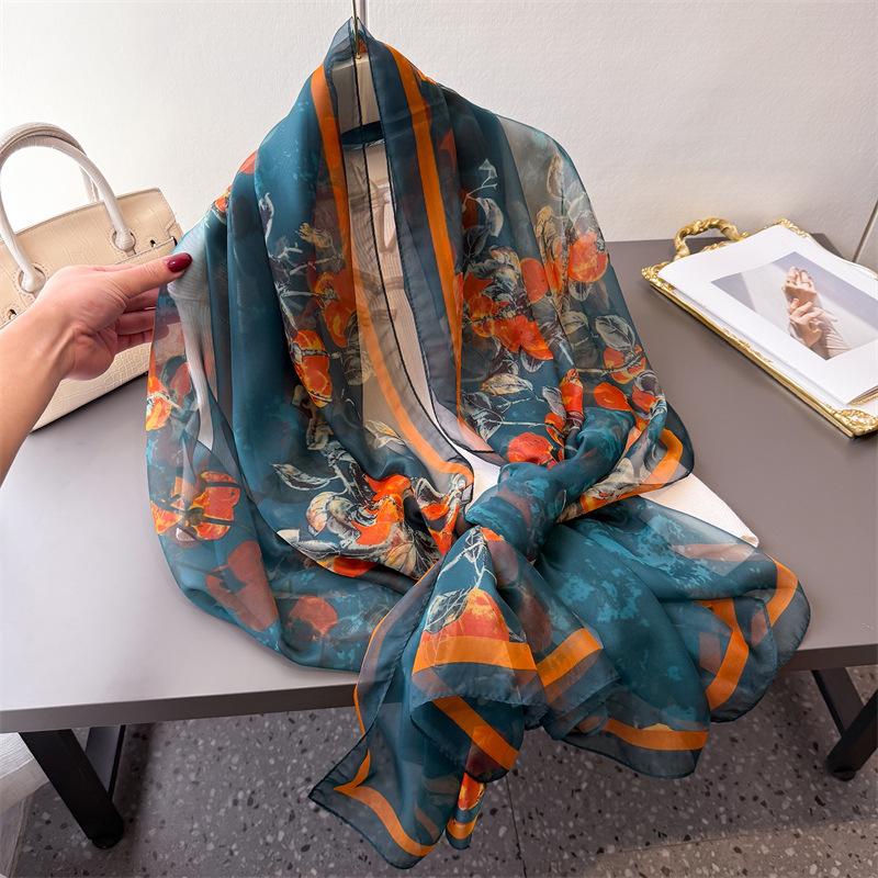 Green Orange Blossom Encryption Soft Yarn Printing Spring And Summer Silk Scarf Large Long Scarf Travel Shawl Sun Protection Women'S Scarf Headscarf