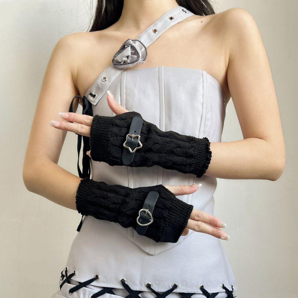 Star Knitted Arm Warmers Heart Fingerless Gloves Fashion Y2K Warm Sleeves JK