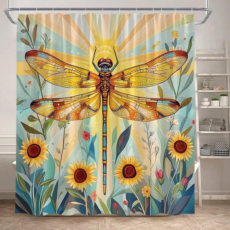Floral Dragonfly Shower Curtains Watercolour Dandelion Rustic Flower Plants Polyester Fabric Bathroom Curtain Decor With Hooks