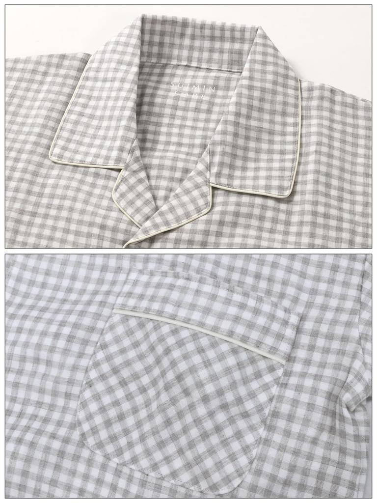 SUIMIN CARE Made In Checkered Long Sizes LL Gray Checkered Men's Pajamas, Japan, Double-Layered Gauze, Botanical, 100% Cotton, Pattern, Sleeves,