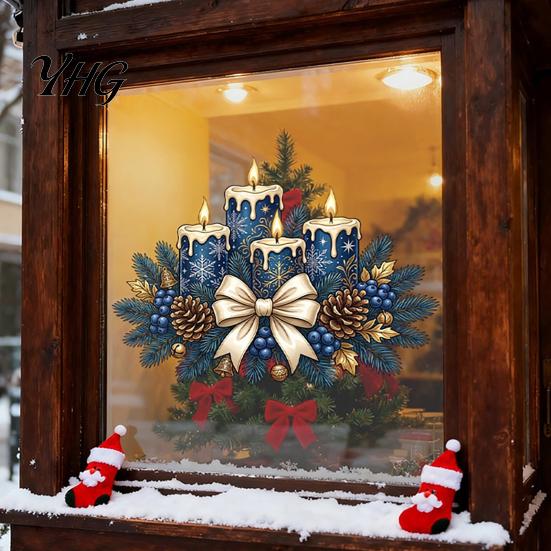 Retro Blue Candle Decals Christmas Static Glass Stickers, Removable Window Cling with Bow Pinecone And Pine Elegant Shop Decor Branch Pattern,