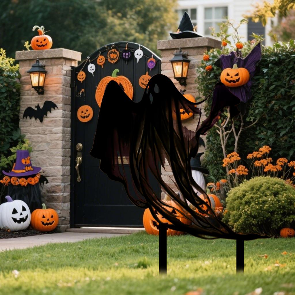 Halloween Plaque Ghostly Insert Patterned Metal Stake Waterproof Metal Holiday Welcome Garden Door Decoration