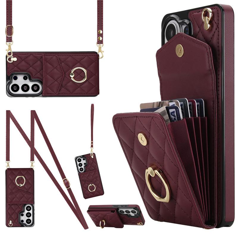 Кошелек-чехол на ремешке через плечо для Samsung Galaxy S26 Ultra S21 S22 S23 S24 S25U Роскошный кожаный чехол с 360-градусным металлическим кольцом-держателем