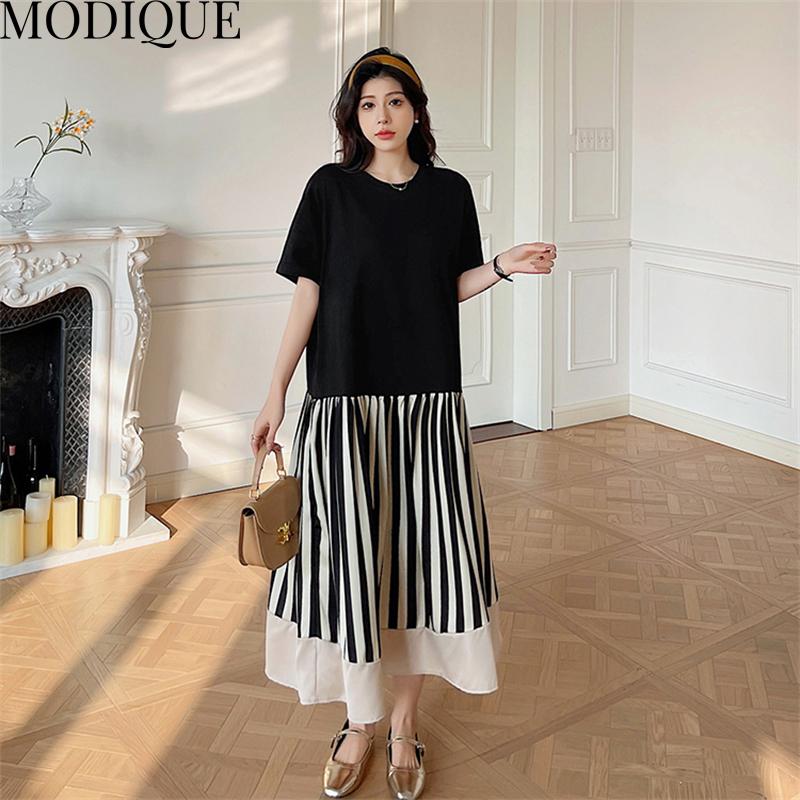 MODIQUE Летние женские свободные универсальные трапециевидной формы в полоску в стиле пэчворк, плиссированные хлопковые футболки больших размеров, длинные платья, женские повседневные платья с короткими рукавами и круглым вырезом