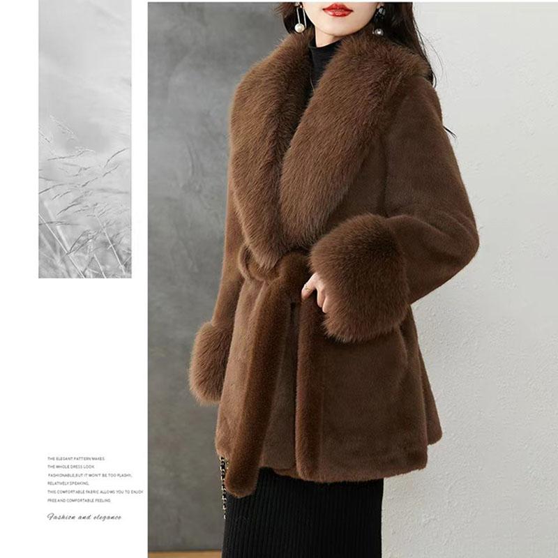 Women's Faux Fur Coats Winter Faux Fox Fur Collar Coat Plus Size Mid-length Slim Fit Fur Coat