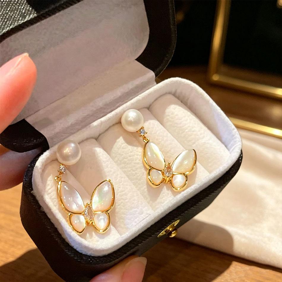 Natural freshwater pearl earrings women's S911 silver needle Korean version simple mother shell butterfly pendant earrings light luxury high sense