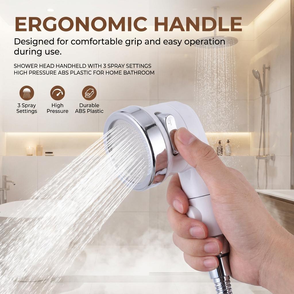 Shower Head Handheld with 3 Spray Settings High-Pressure ABS Plastic for Home Bathroom